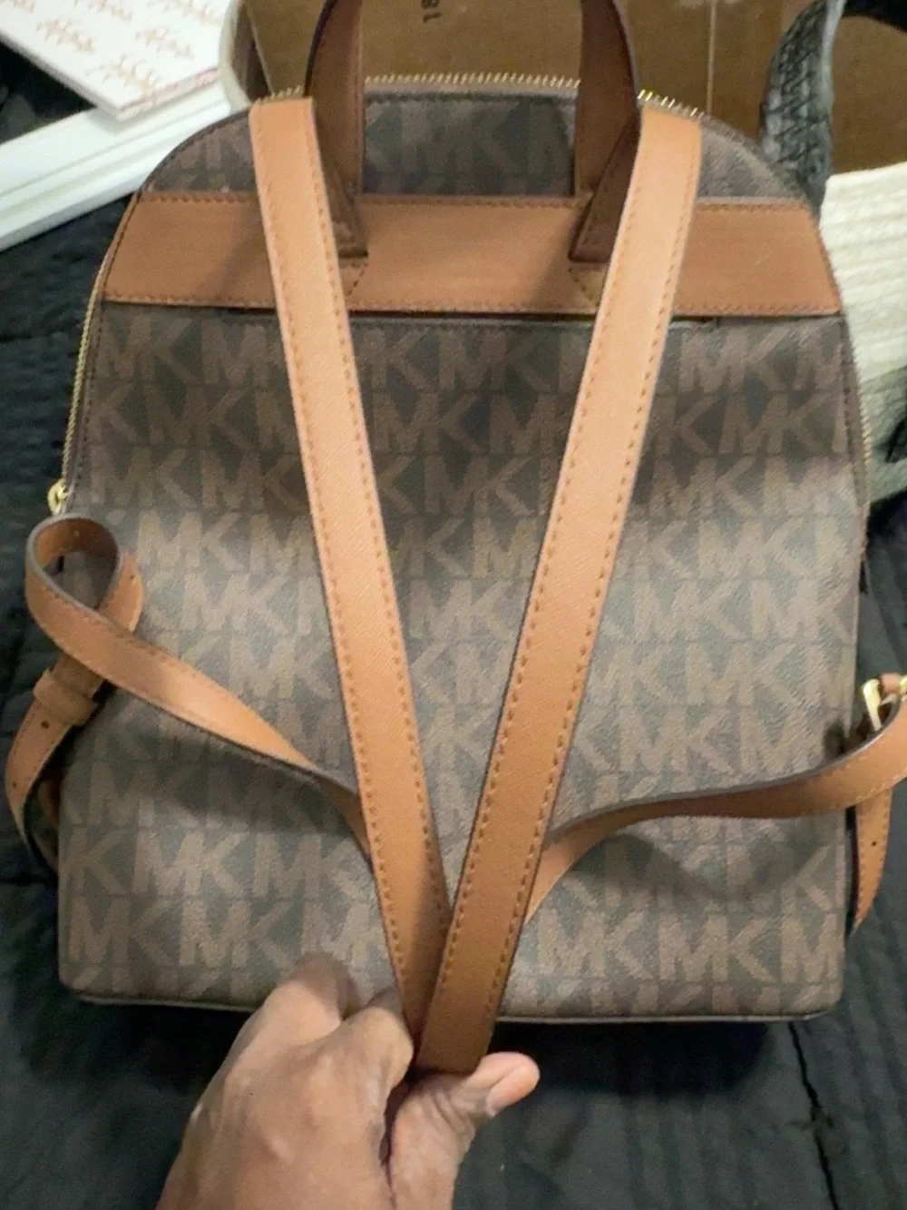 Michael Kors Brown Monogram MK Dome Backpack with Gold Hardware